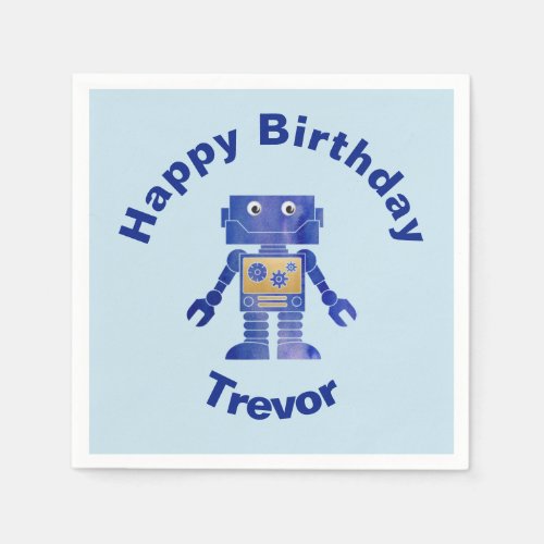 Fun Happy Birthday Blue and Gold Robot with Name Napkins