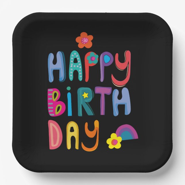Fun Happy Birthday Colorful Typography  Paper Plates (Front)