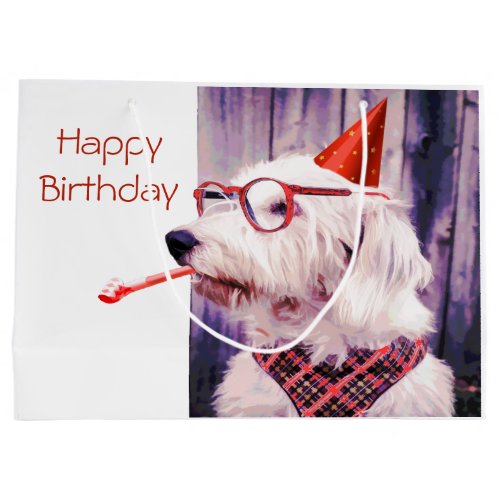 Fun Happy Birthday Cute Dog Celebrating Large Gift Bag