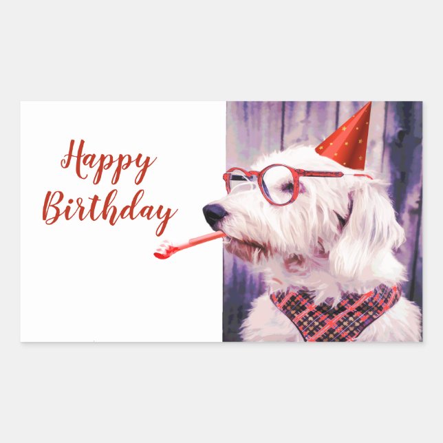 Fun Happy Birthday Cute Dog Celebrating Rectangular Sticker (Front)