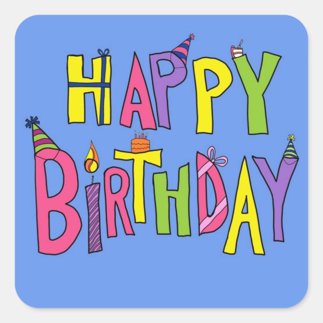 Fun Happy Birthday Illustration Square Sticker (Front)