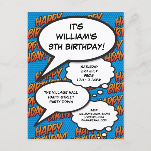 Fun Happy Birthday Party Modern Blue Comic Invitation Postcard