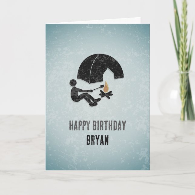 Fun Happy Camper, Tent and Fire Metal Look - Man's Card (Front)