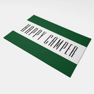 Fun Happy Camper Text Retro Green White Stripes Doormat
