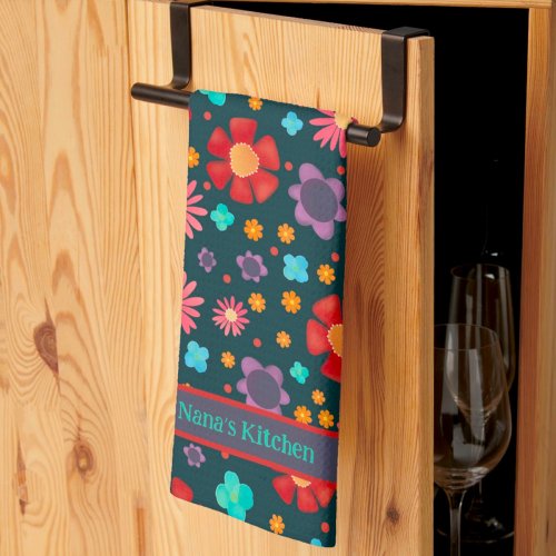 Fun Happy Colorful Floral Custom Name Stylish  Kitchen Towel