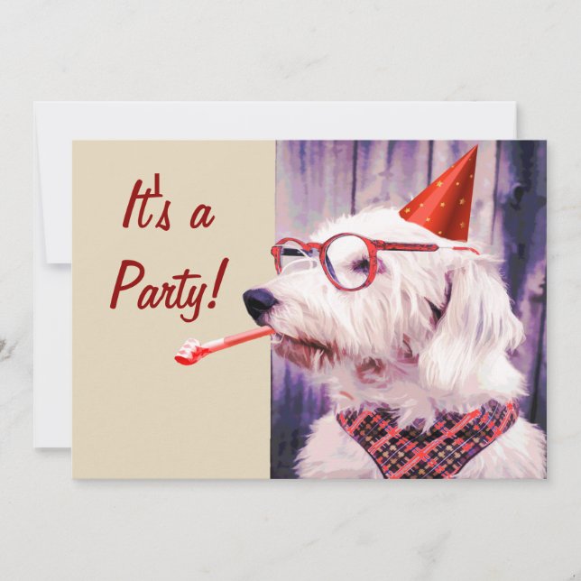 Fun Happy Cute Dog Celebrating Party Hat Glasses Invitation (Front)