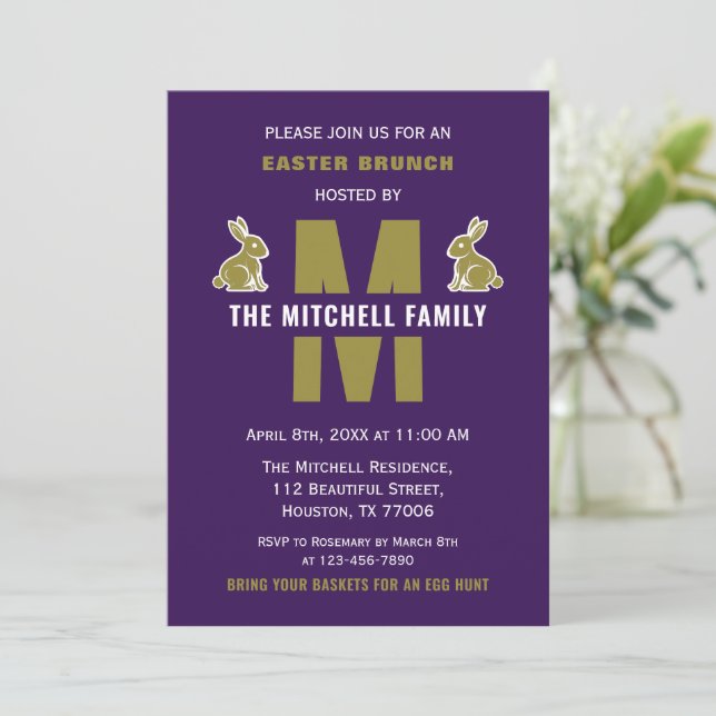 Fun Happy Easter Bunny Rabbit Monogram Family Name Invitation (Standing Front)