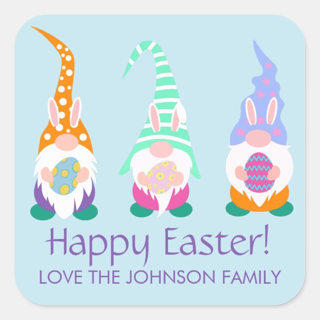 Fun Happy Easter Gnomes Spring Colors Personalized Square Sticker (Front)