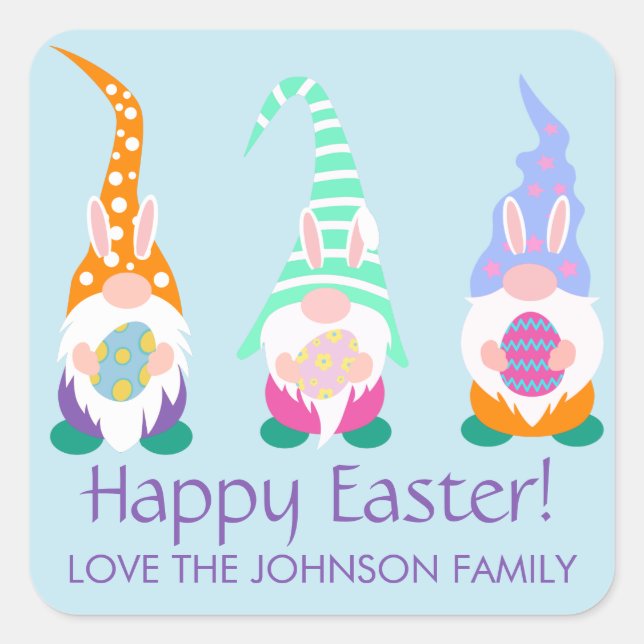 Fun Happy Easter Gnomes Spring Colors Personalized Square Sticker (Front)