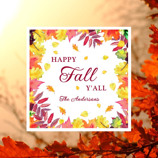 Fun Happy Fall Y'all Autumn Leaves Paper Napkins (Creator Uploaded)
