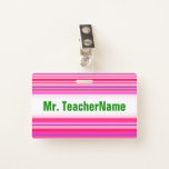 [ Thumbnail: Fun, Happy, Girly Pink and Purple Stripes Pattern Badge ]
