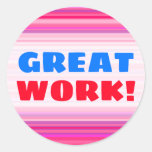 [ Thumbnail: Fun, Happy, Girly Pink and Purple Stripes Pattern Round Sticker ]