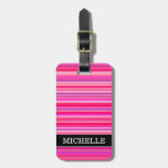 [ Thumbnail: Fun, Happy, Girly Pink and Purple Stripes Pattern Luggage Tag ]