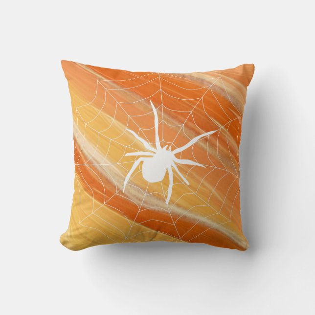 Fun Happy Halloween Black &  Orange Spider Web Throw Pillow (Front)