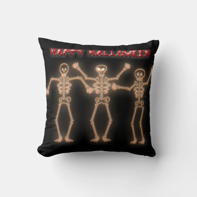 Fun Happy Halloween Dancing Skeleton Throw Pillow (Front)