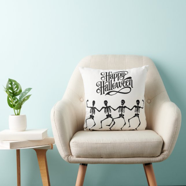 Fun Happy Halloween Dancing Skeleton Throw Pillow (Chair)