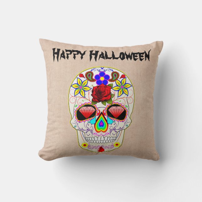 Fun Happy Halloween Floral Sugar Skull Throw Pillow (Front)