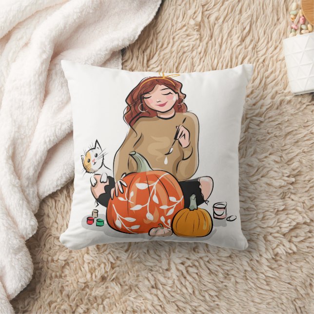 Fun Happy Halloween Pumpkin Cat Throw Pillow (Blanket)