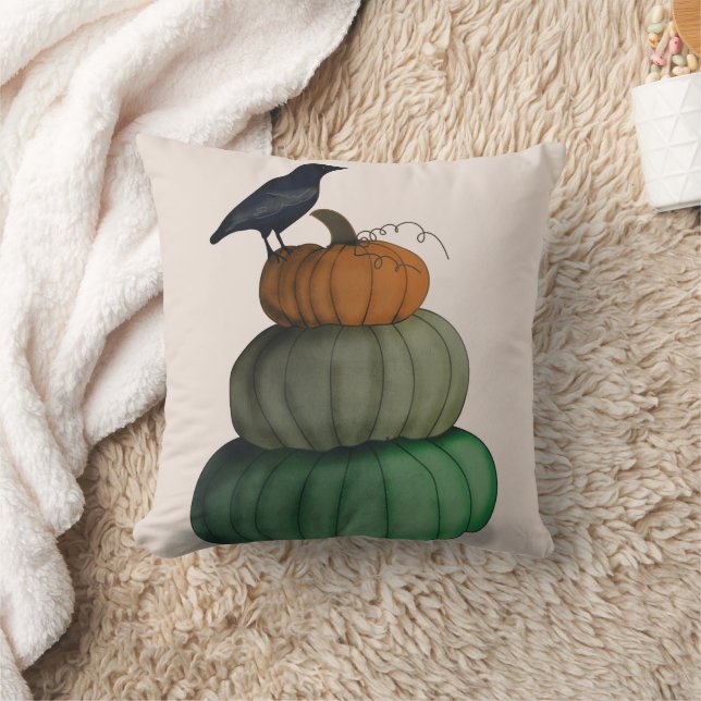 Fun Happy Halloween Pumpkin Crow Throw Pillow (Blanket)