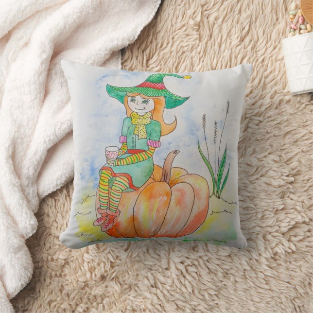 Fun Happy Halloween Pumpkin Crow Throw Pillow (Blanket)