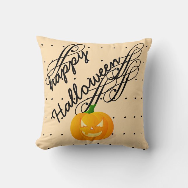 Fun Happy Halloween Pumpkin Swirl Polka Dots Throw Pillow (Front)