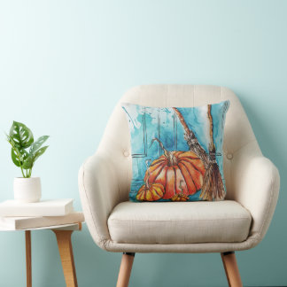 Fun Happy Halloween Pumpkin with Witch Broom Throw Pillow