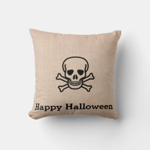 Fun Happy Halloween Skeleton Burlap Throw Pillow