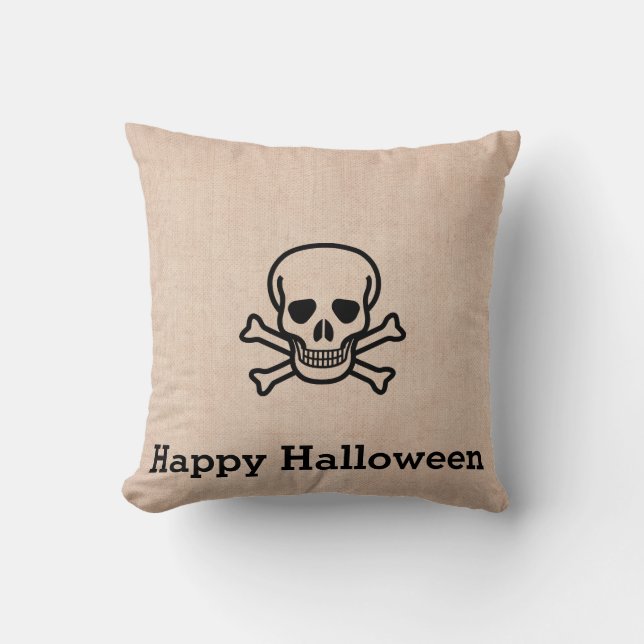 Fun Happy Halloween Skeleton Burlap Throw Pillow (Front)