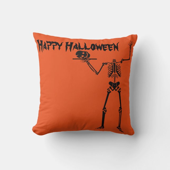 Fun Happy Halloween Skeleton Throw Pillow (Front)