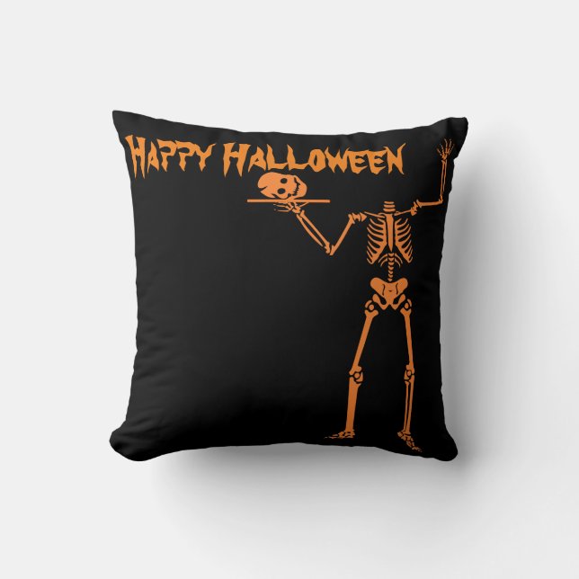 Fun Happy Halloween Skeleton Throw Pillow (Front)