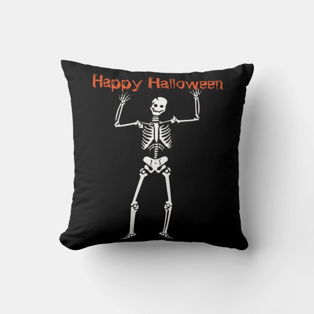 Fun Happy Halloween Skeleton Throw Pillow (Front)