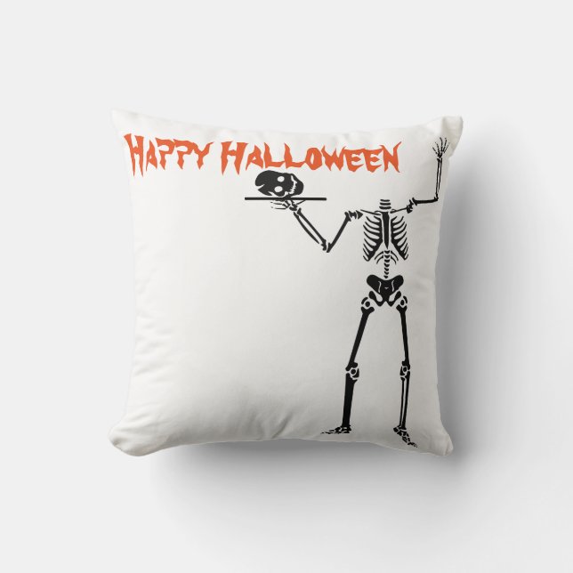 Fun Happy Halloween Skeleton Throw Pillow (Front)