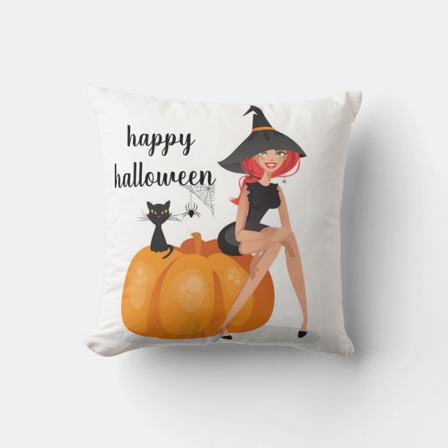 Fun Happy Halloween Spider Web Witch Pumpkin Cat Throw Pillow (Front)