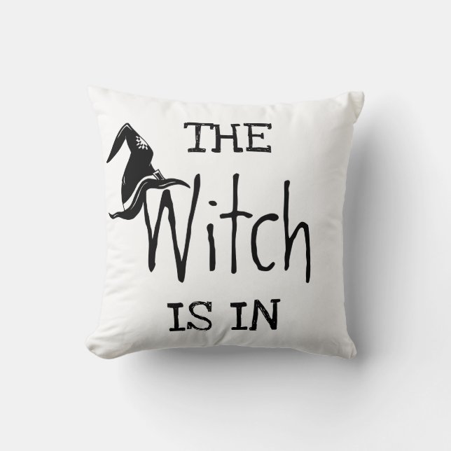 Fun Happy Halloween "The Witch Is In" Throw Pillow (Front)