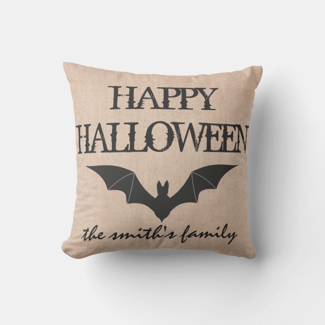 Fun Happy Halloween Trick or Treat Bat Burlap Throw Pillow (Front)