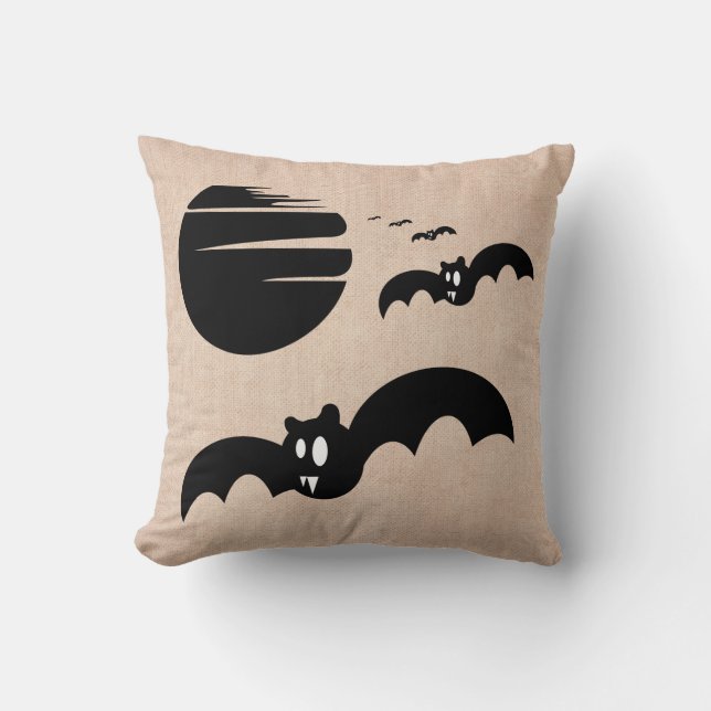 Fun Happy Halloween Trick or Treat Bats Burlap Throw Pillow (Front)