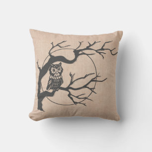 Fun Happy Halloween Trick or Treat Owls Burlap Throw Pillow