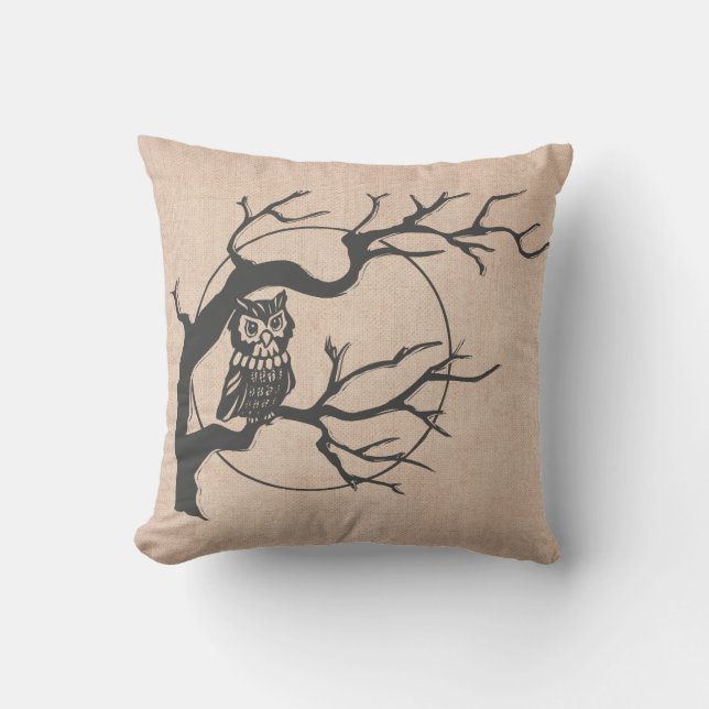 Fun Happy Halloween Trick or Treat Owls Burlap Throw Pillow (Front)