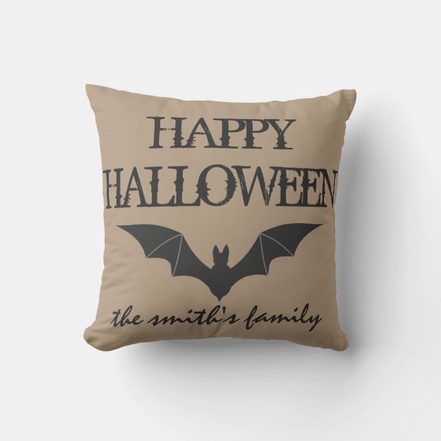 Fun Happy Halloween Trick or Treat with Bat Throw Pillow (Front)