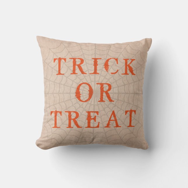 Fun Happy Halloween Trick or Treat with Spider Web Throw Pillow (Front)