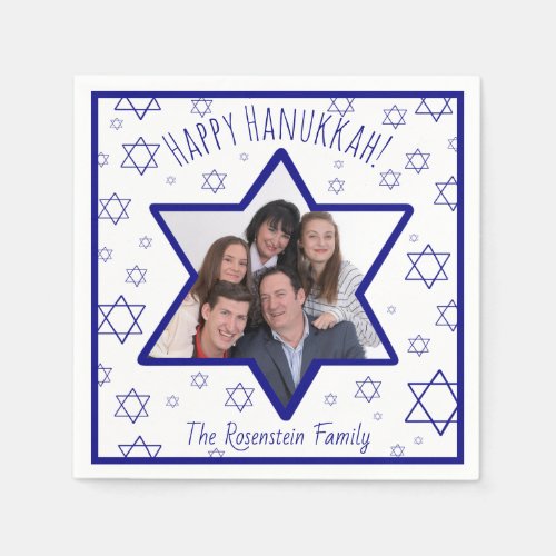 Fun Happy Hanukkah Blue  White Photo Napkins