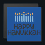 Fun Happy Hanukkah Menorah Magnetic Greeting Card<br><div class="desc">Fun typography,  beautiful blues with this "Happy Hanukkah" Square Magnetic 5.25" Card with Envelope. Gloss finish
Dimensions: 5.25"x5.25"</div>