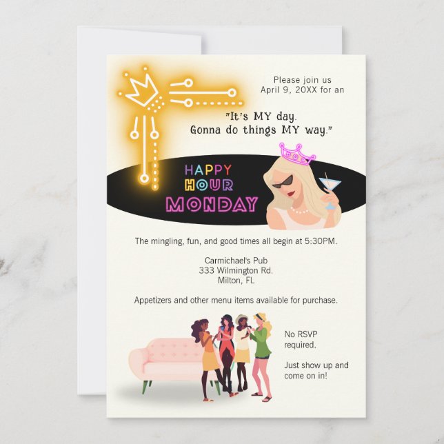 Fun Happy Hour Monday Invite for Women  (Front)
