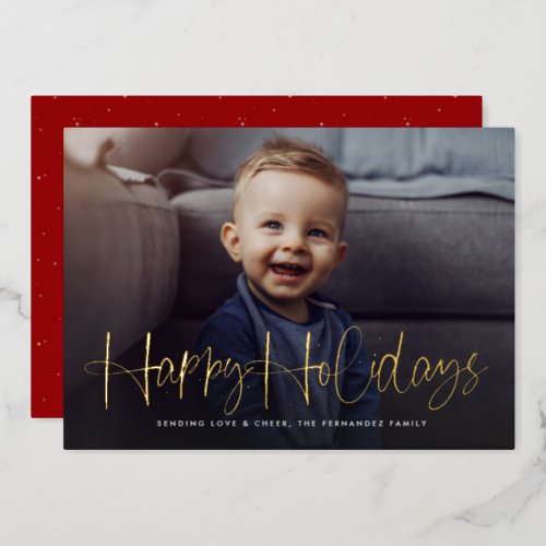 Fun happy script simple one photo red foil holiday card