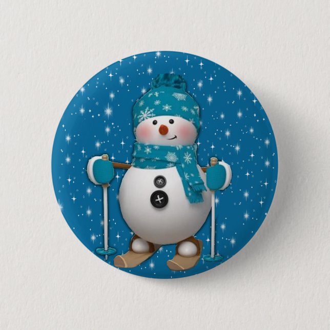 Fun Happy Skiing Snowman Button (Front)
