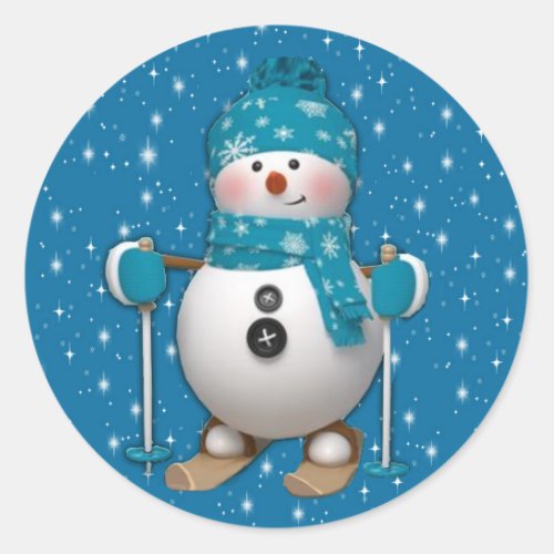 Fun Happy Skiing Snowman Classic Round Sticker