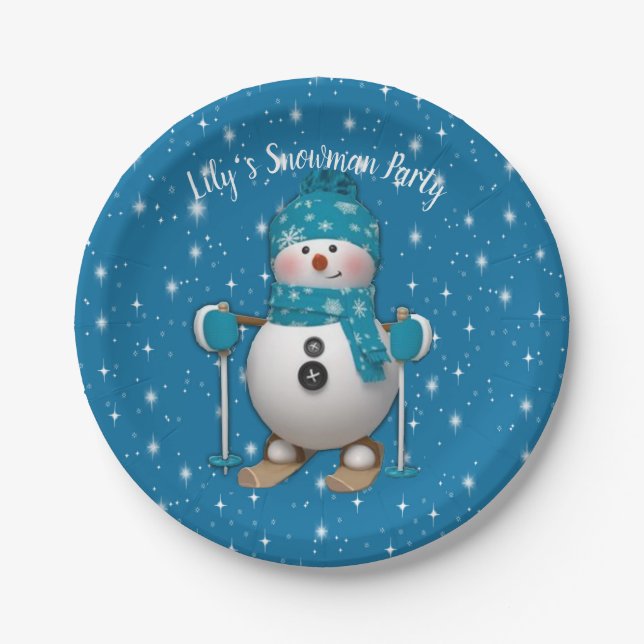 Fun Happy Skiing Snowman Paper Plates (Front)