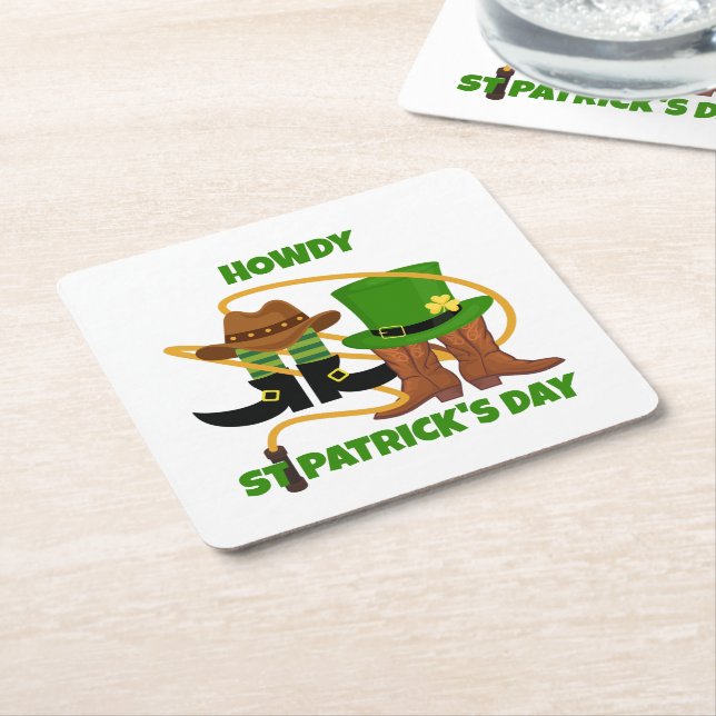 Fun Happy St Patricks Day HOWDY DIA DUIT Cowboy  Square Paper Coaster (Angled)