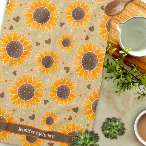 Fun Happy Sunflower Hearts Custom Name Stylish  Kitchen Towel