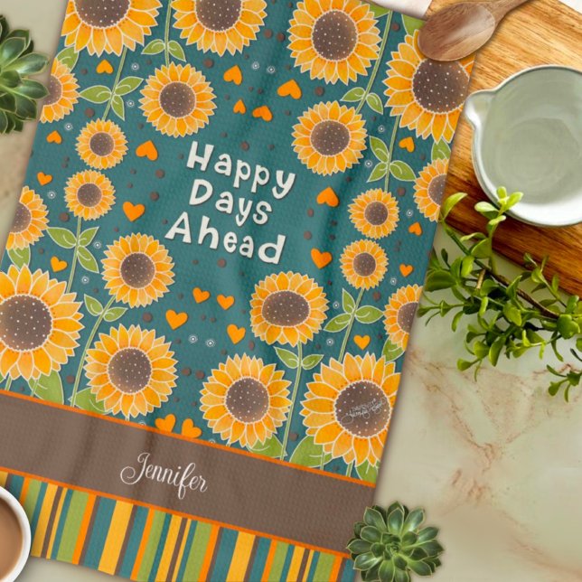 Fun Happy Sunflower Stripes Custom Name Stylish  Kitchen Towel (Creator Uploaded)